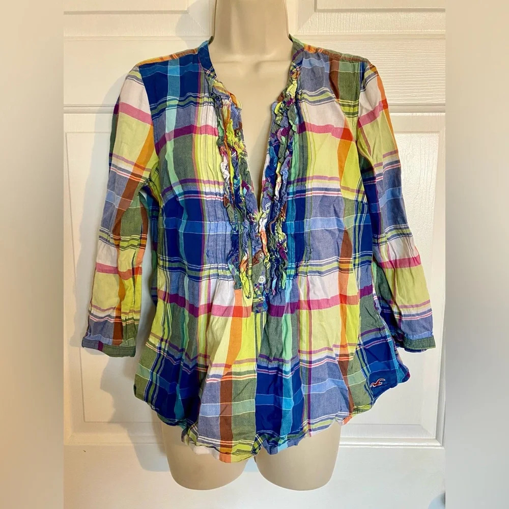 Hollister Blue Yellow Flannel Peasant Blouse